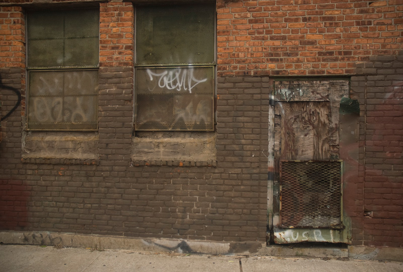 A plywood door in a brick wall.