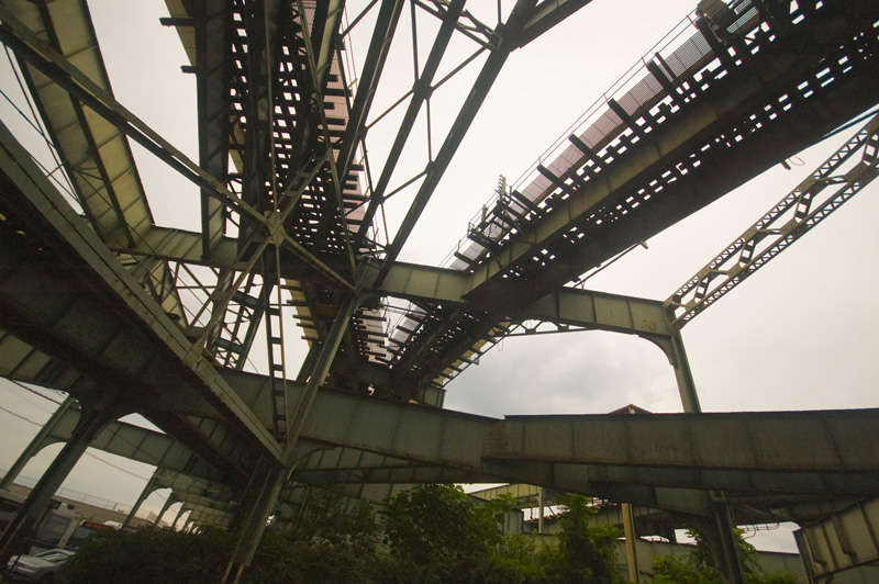 A tangle of elevated train tracks.