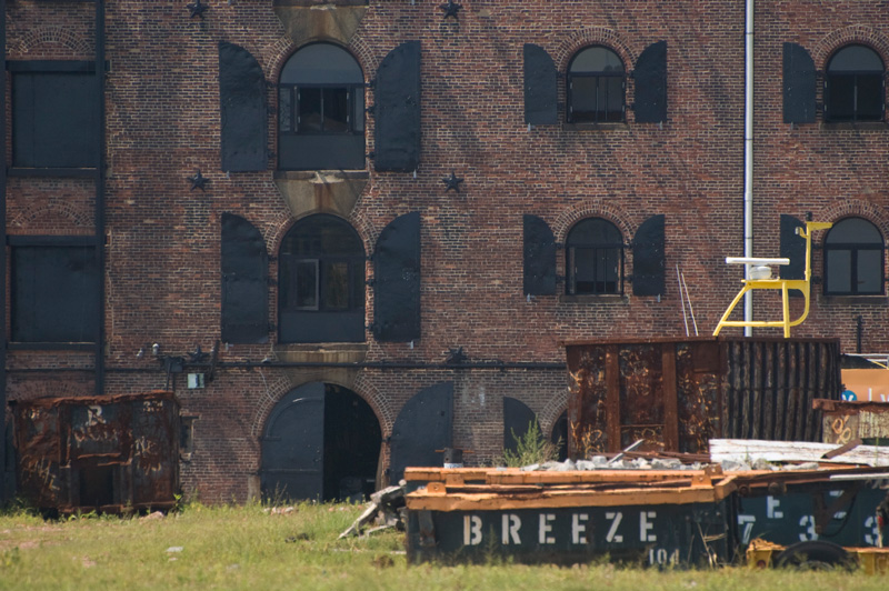 Old warehouses with steel doors.