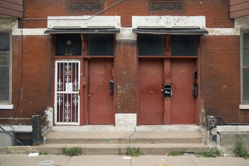 Entrance to a red building.