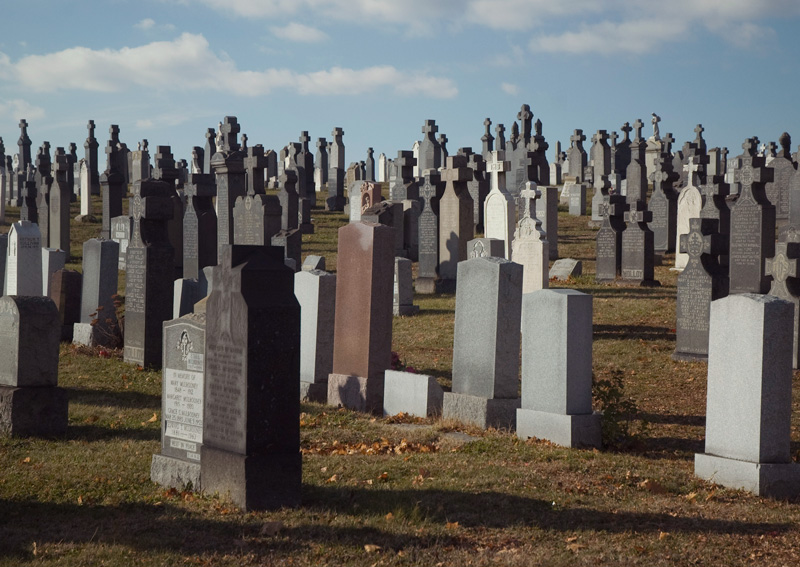 Hundreds of tombstones on a rolling hill.