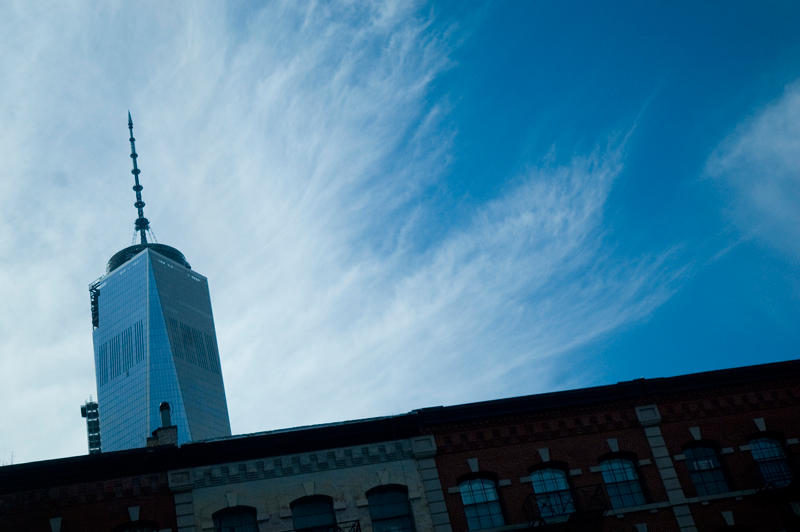 Upper floors of the World Trade Center, above other buildings.