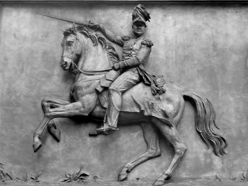A frieze of Major General Worth, on a horse.