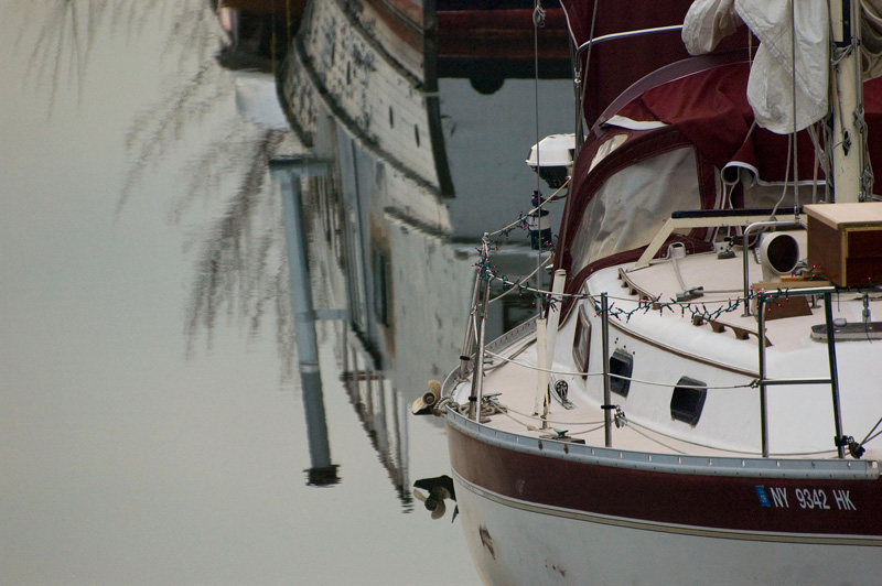 A pleasure boat, with Christmas lights