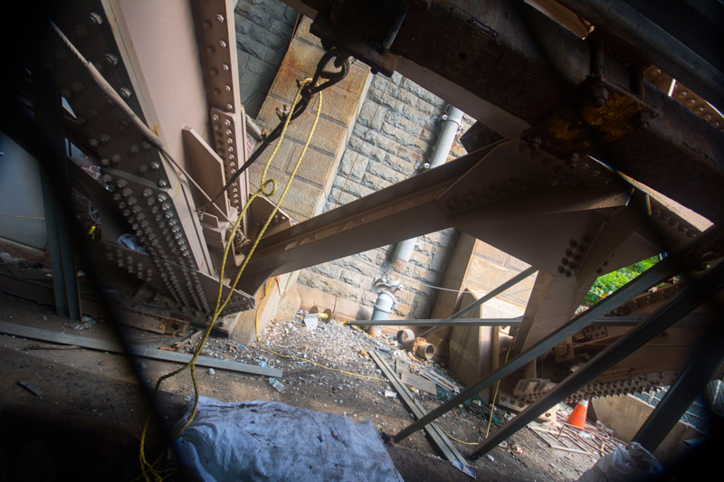 Girders beneath a bridge.