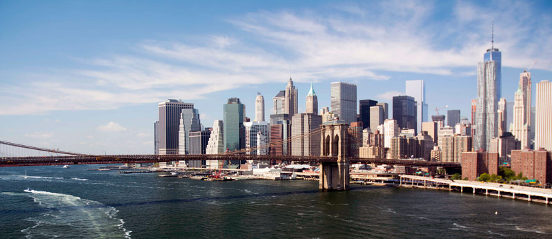 The skyline of lower Manhattan, with the Brooklyn Bridge.