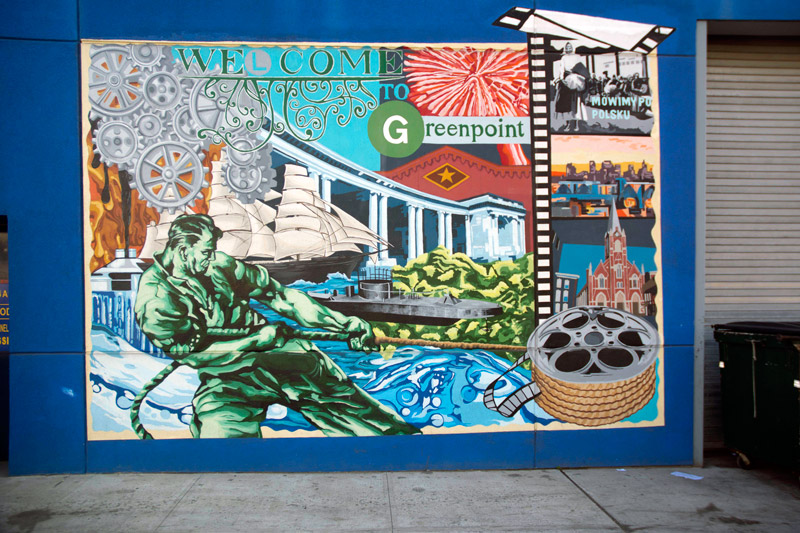 A mural depicts changes in industry in Greenpoint.
