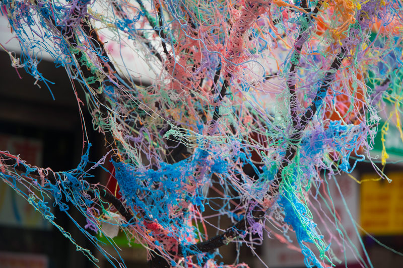 A tree covered in many colors of sprayed string.