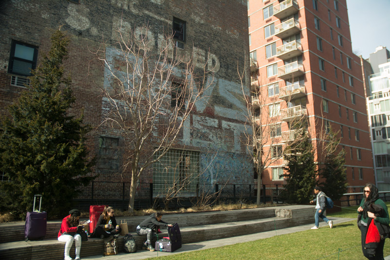 People in a park in front of a building with a roller tag by the street artist REVS.