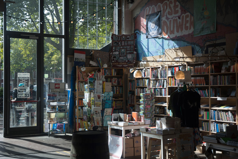 Light streams through the windows of a bookstore, illuminating the shelves.