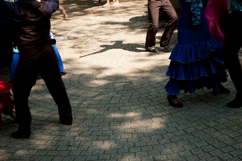 A dance troupe member casts a shadow on stones in a park.