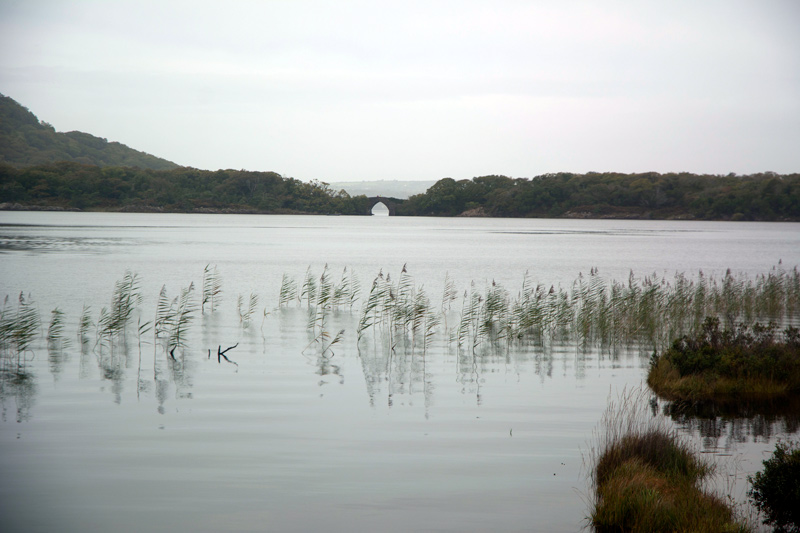 A small, arched bridge at the joining of two lakes.