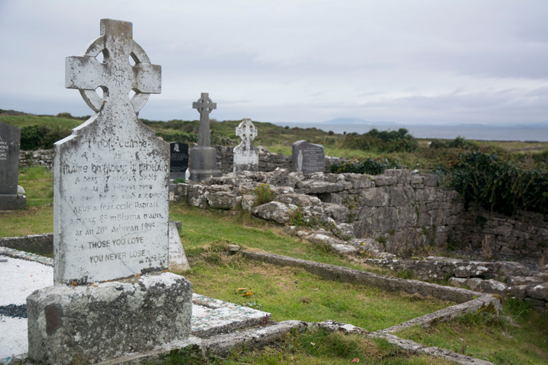 Weathered tombstones, with crosses, amid stone walls.