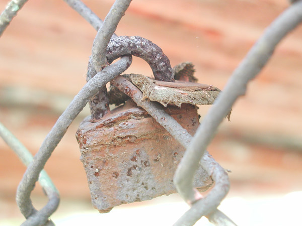 A rusted padlock, corroded by salt air.