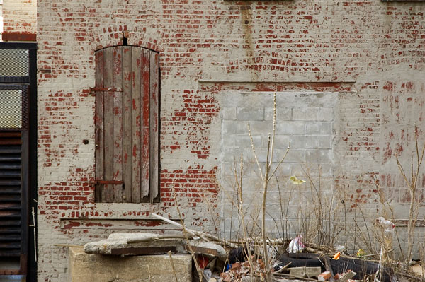 An old wall shows a mix of bricks, cinder blocks, peeling
paint, and an old door