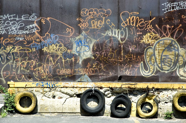 A loading dock which has become a target for graffiti