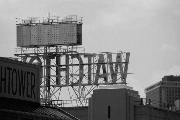 The Jehovah's Witnesses 'Watchtower' sign from behind