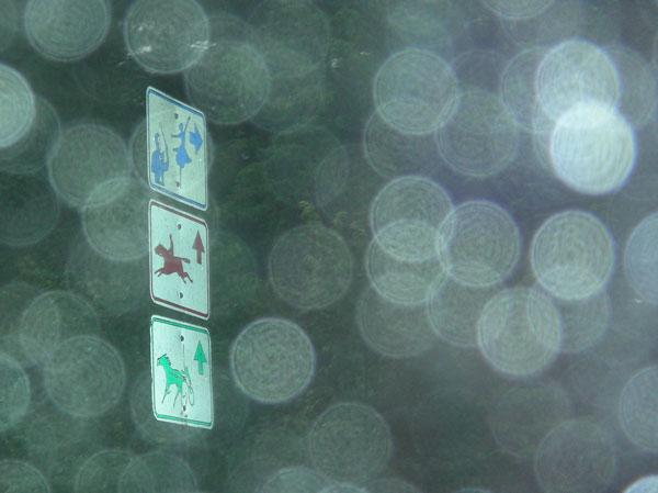 Reflected rain drops obscure a sign.