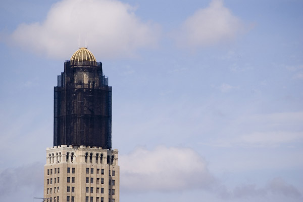 The tower is covered in scaffolding during
renovations.