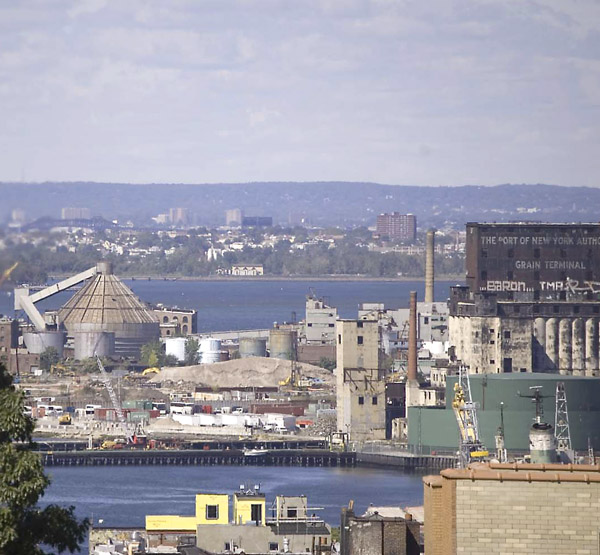 A long-distance view of old factories and docks.