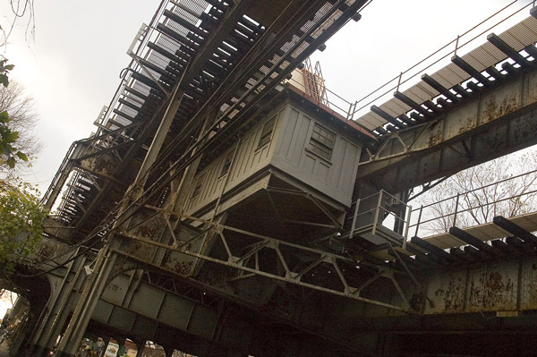 Parallel tracks of an elevated subway train.