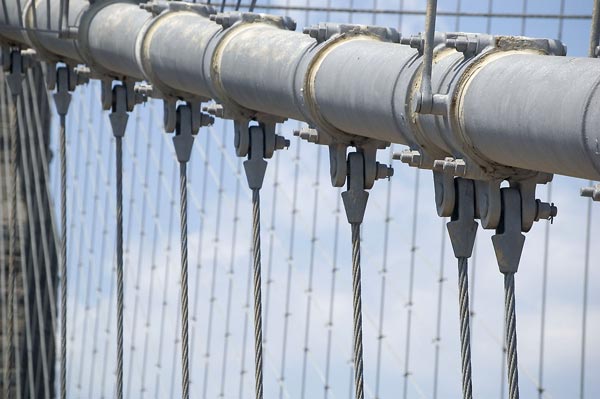 Networks of cables on the Brooklyn Bridge.