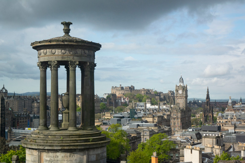 From Calton Hill you can see Edinburgh Castle and the Walter Scott Monument.